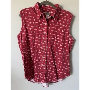 VTG 90s Y2K Barn Fly Sleeveless Top Red Western Barbed Wire Print Size Large